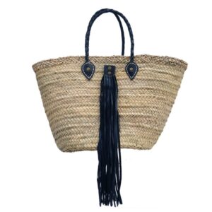 Straw Basket Leather Tassel Black