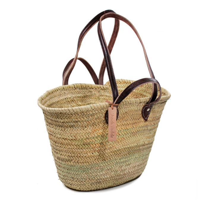 Straw Bag Natural Basket Flat Leather Handle Double