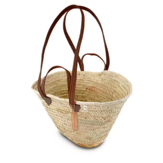 Straw Bag Natural Basket Flat Leather Handle Double