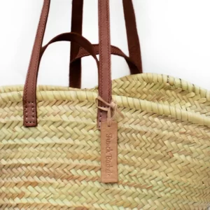 straw Basket Flat Leather Handle Double