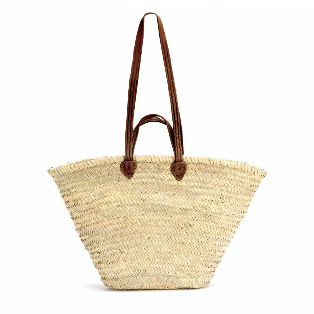 Straw Bag Natural Basket Flat Leather Handle Double | French Baskets