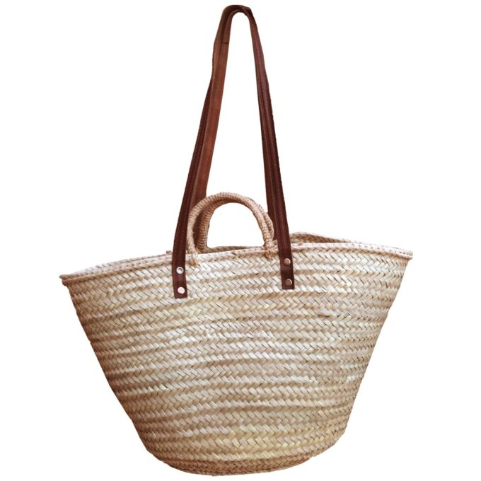 Natural Basket Flat Leather and Rope Handle Double