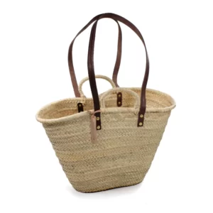 Straw tote Bag french basket Double handle flat leather and rope
