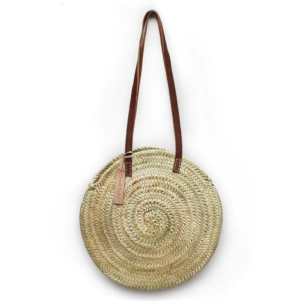 Leather Circle Handle Straw Beach Bag