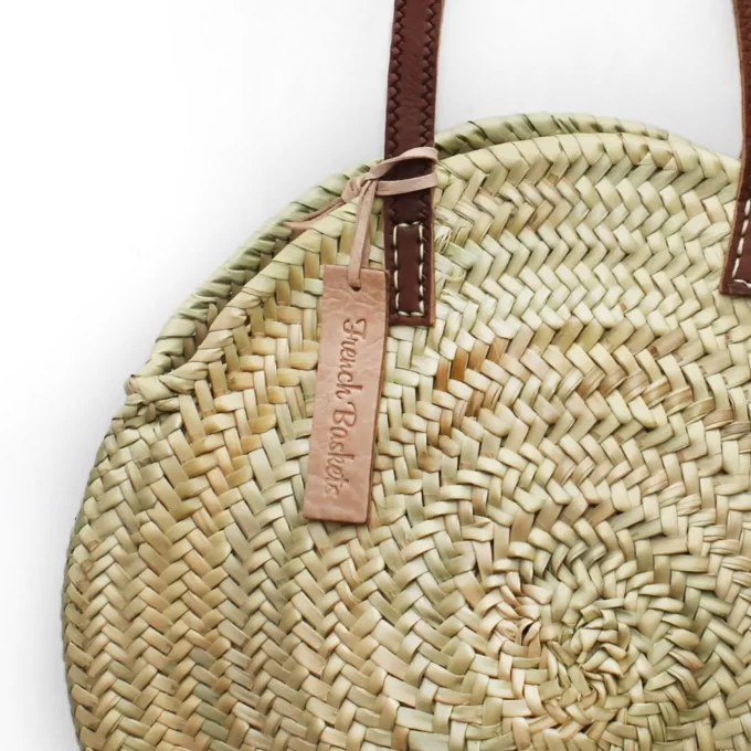 Round straw bag wicker-basket long leather handle