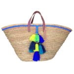 Straw beach bag small wool pom pom neon blue