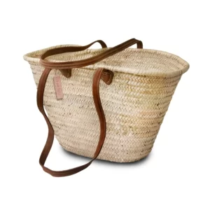 Straw tote bag long Flat Leather Handle french baskets