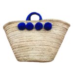 Straw Moroccan Basket wool 8 pom pom navy blue