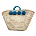 Straw Moroccan Basket wool 8 pom pom blue jean