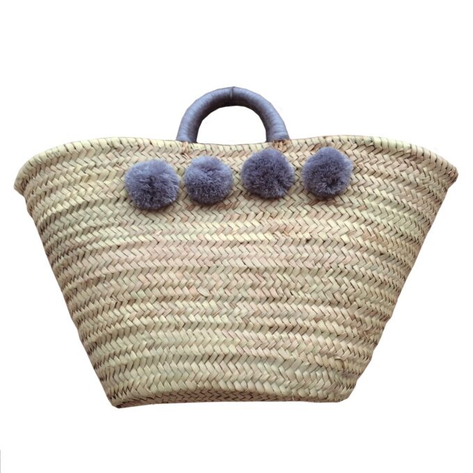 Straw Moroccan Basket wool 8 pom pom grey
