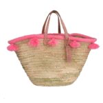 Straw beach bag French baskets pastel pink pompom
