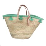 Straw Tote Handbag pastel green pompom