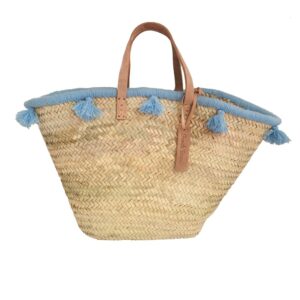 Large Grey Pom Pom French Beach Basket Tote Shopper Straw Bag Moroccan 