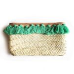 Straw Clutch Bags French Baskets PomPom Green