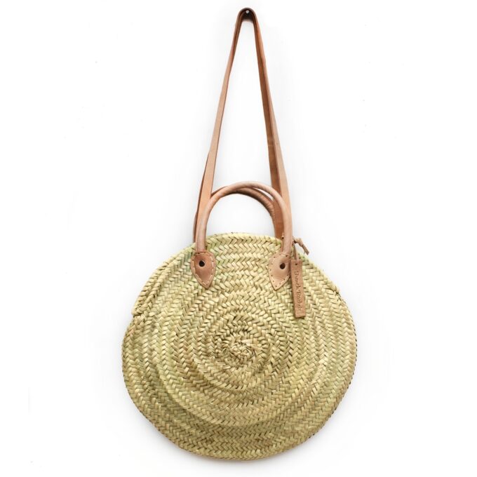 Round wicker basket Double leather handle