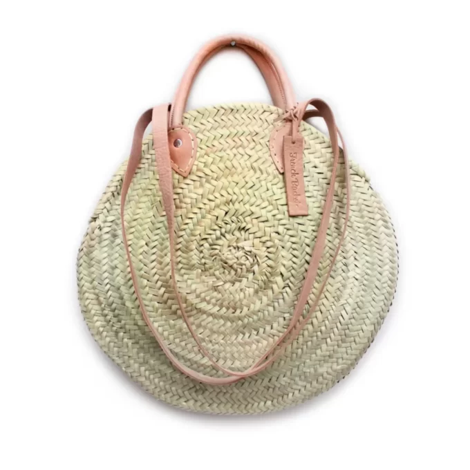 Round Straw Bag French Baskets Tote Handbags Double leather handle
