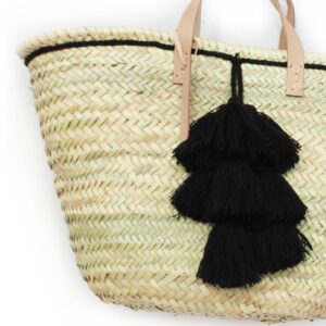 Tote Shopper Straw Bag Hot Pink Fuchsia Wool Tassels French Market Beach Basket 