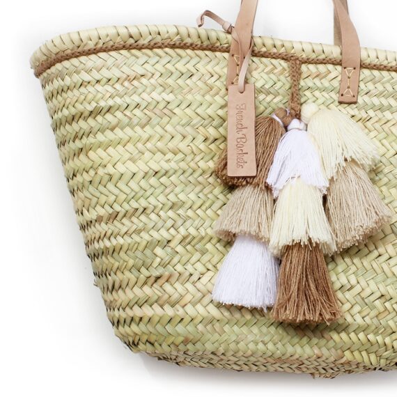 Straw Beach Bag small wool pom pom beige white sand | French Baskets