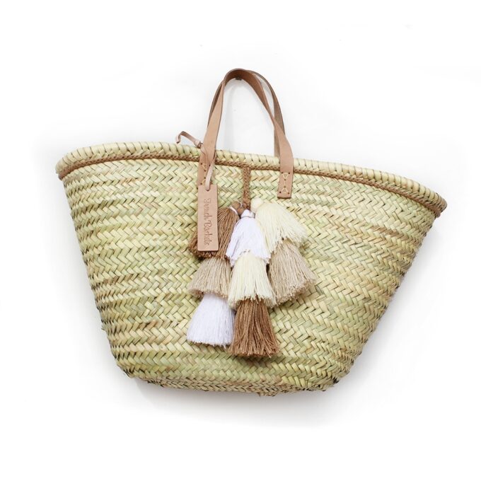 Straw Basket small wool pom pom beige white sand
