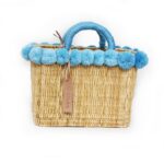lovely Straw Bag French Baskets Oblong Small Pom Pom blue