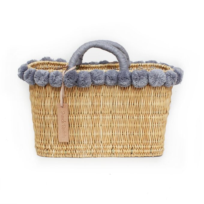 lovely Straw Bag French Baskets Oblong Small Pom Pom gray