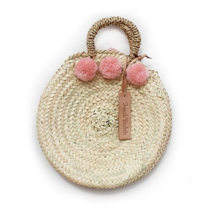 Cute Round Straw Bag French Basket Small 6 Pom Pom pink