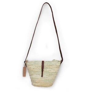 Adele Mini Crossbody Straw Bag with brown leather closure and handle