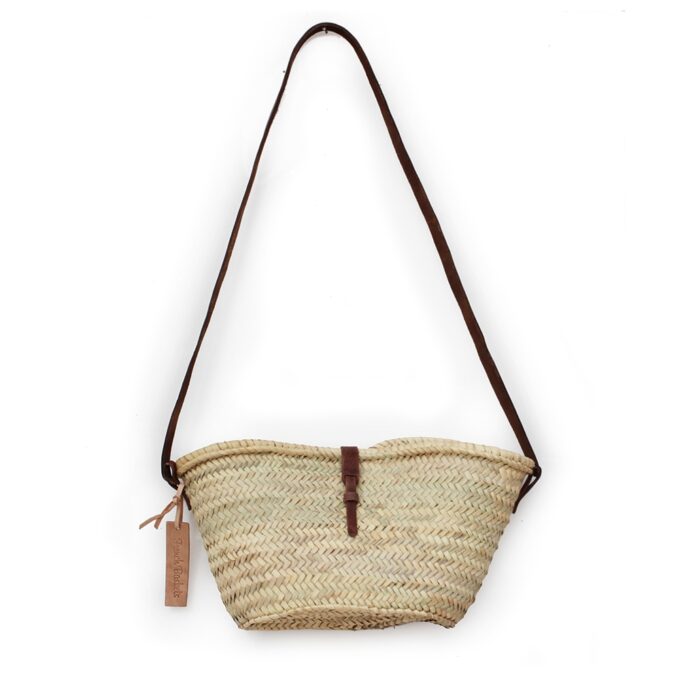 Joséphine Mini Crossbody Straw Bag with brown leather closure and handle