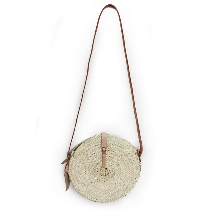 Rose Mini Round Crossbody Straw Bag with Natural leather closure and handle