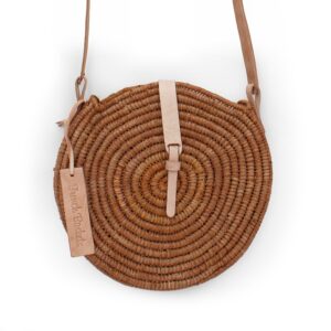 natural straw raffia bag round brun