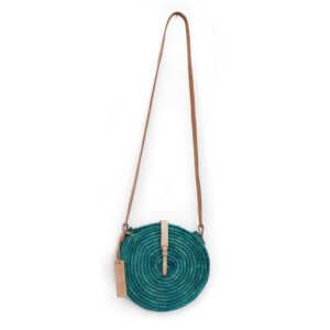 Round small Crossbody Straw Bags Green Natural leather closure
