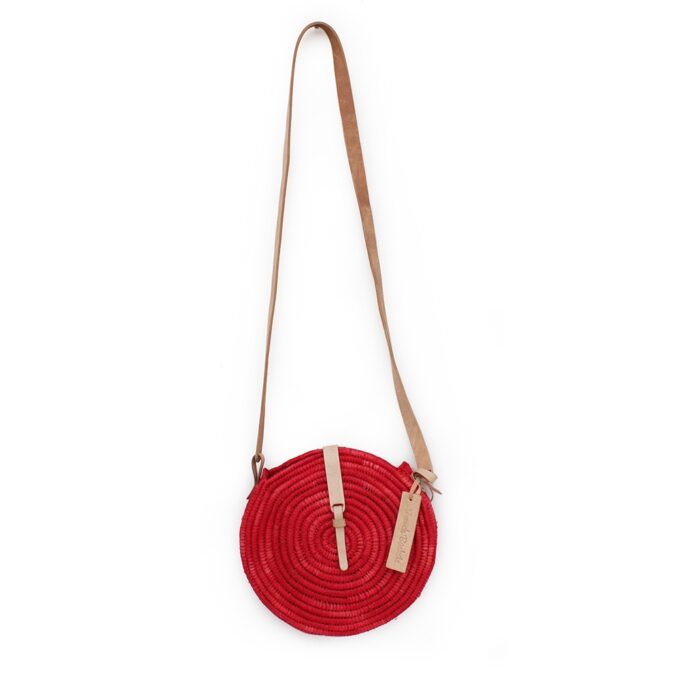 Small round red raffia bag with Leather handle