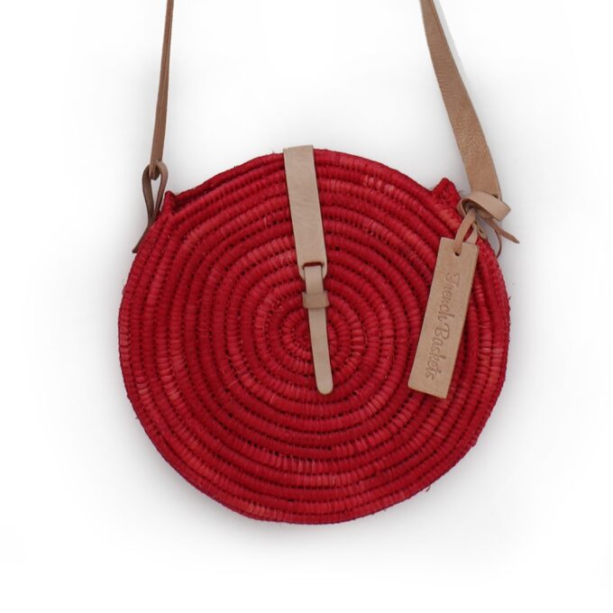 natural straw raffia bag round red leather natural closure