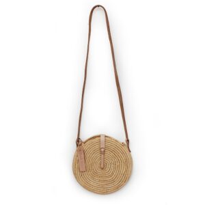 Small Round Raffia Bags Crossbody Leather handle and closure
