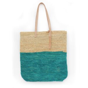 Tote bag made of raffia straw Natural and lagoon color