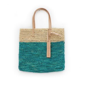 Medium Tote bag made of raffia straw Natural and lagoon color