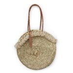 Round wicker basket long leather handle Pom pom beige