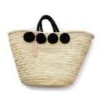 straw Basket wool 8 pom pom black
