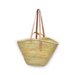 Straw Shoulder Bag French Basket Flat Natural Leather Handle DoubleStraw Basket Flat Natural Leather Handle Double