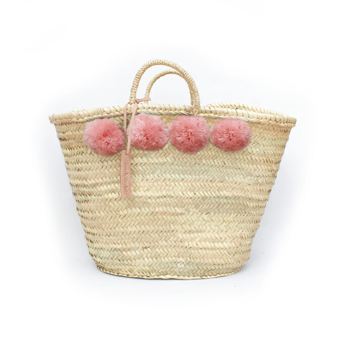 Straw Moroccan Baskets wool 8 pom pom Pink