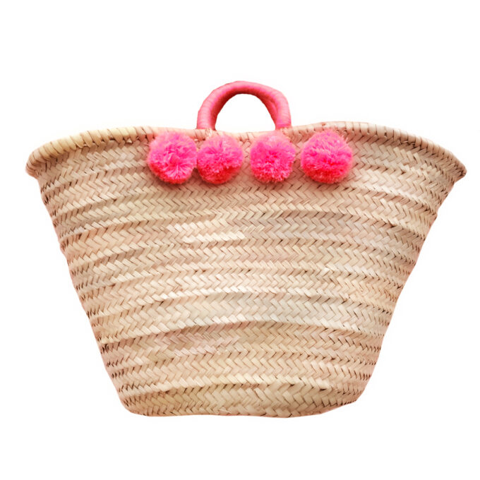 Straw Moroccan Basket wool 8 pom pom Pink