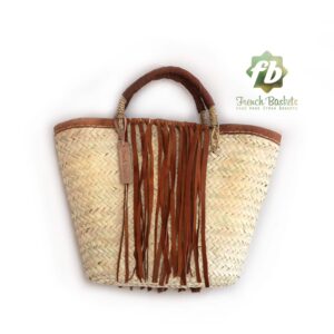 Small Straw handBag French Basket with Brown leather fringe