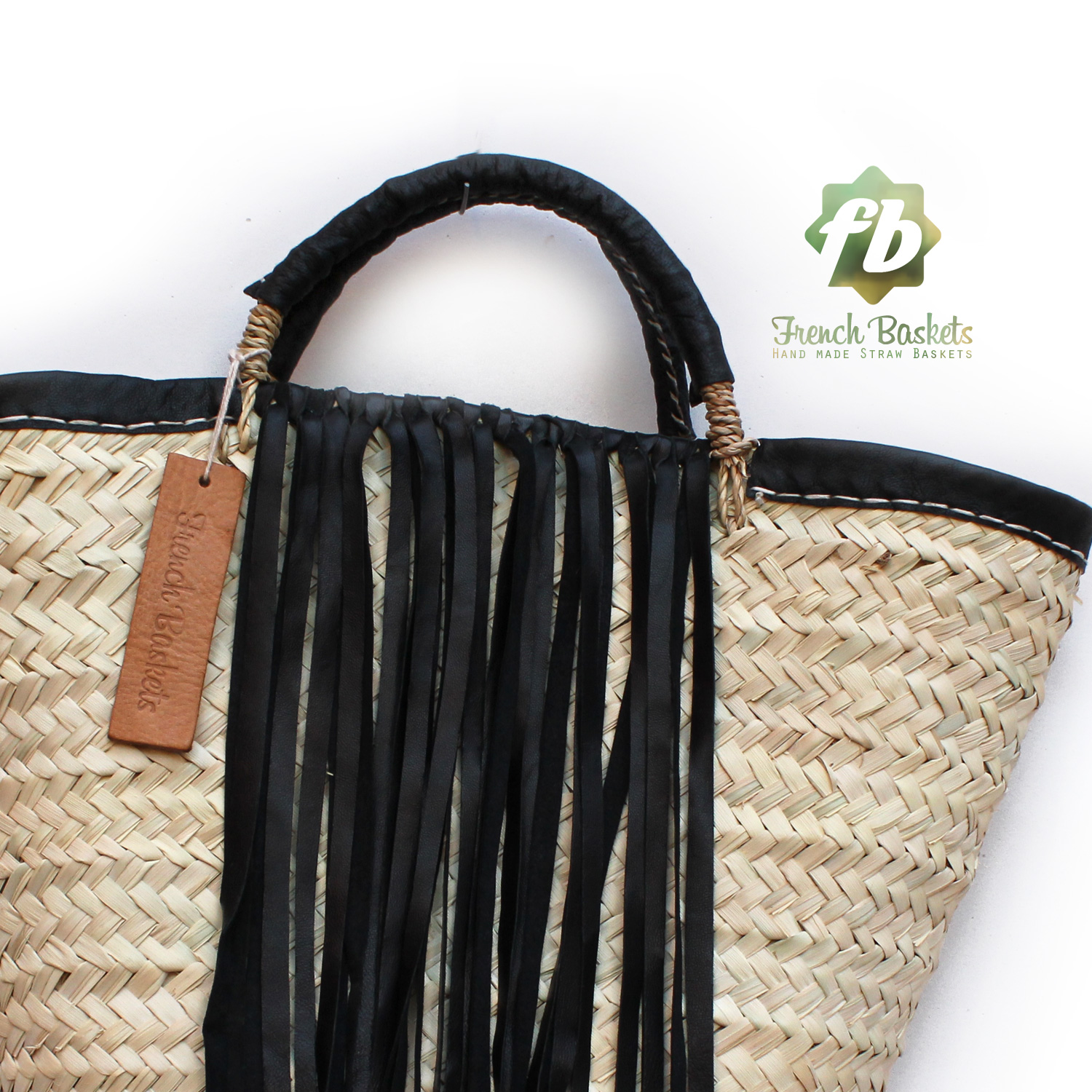 small french basket with black leather fringe