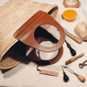 Travel Straw French Baskets handle Camel handmade leather goods