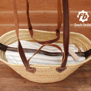 Straw Bag Flat Leather Handle double – French Basket with Detachable Inside Pocket