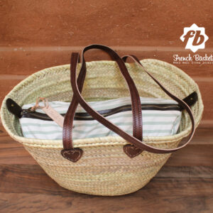 straw bag Handmade French Basket long Flat Leather Handle with Detachable Inside Pocket