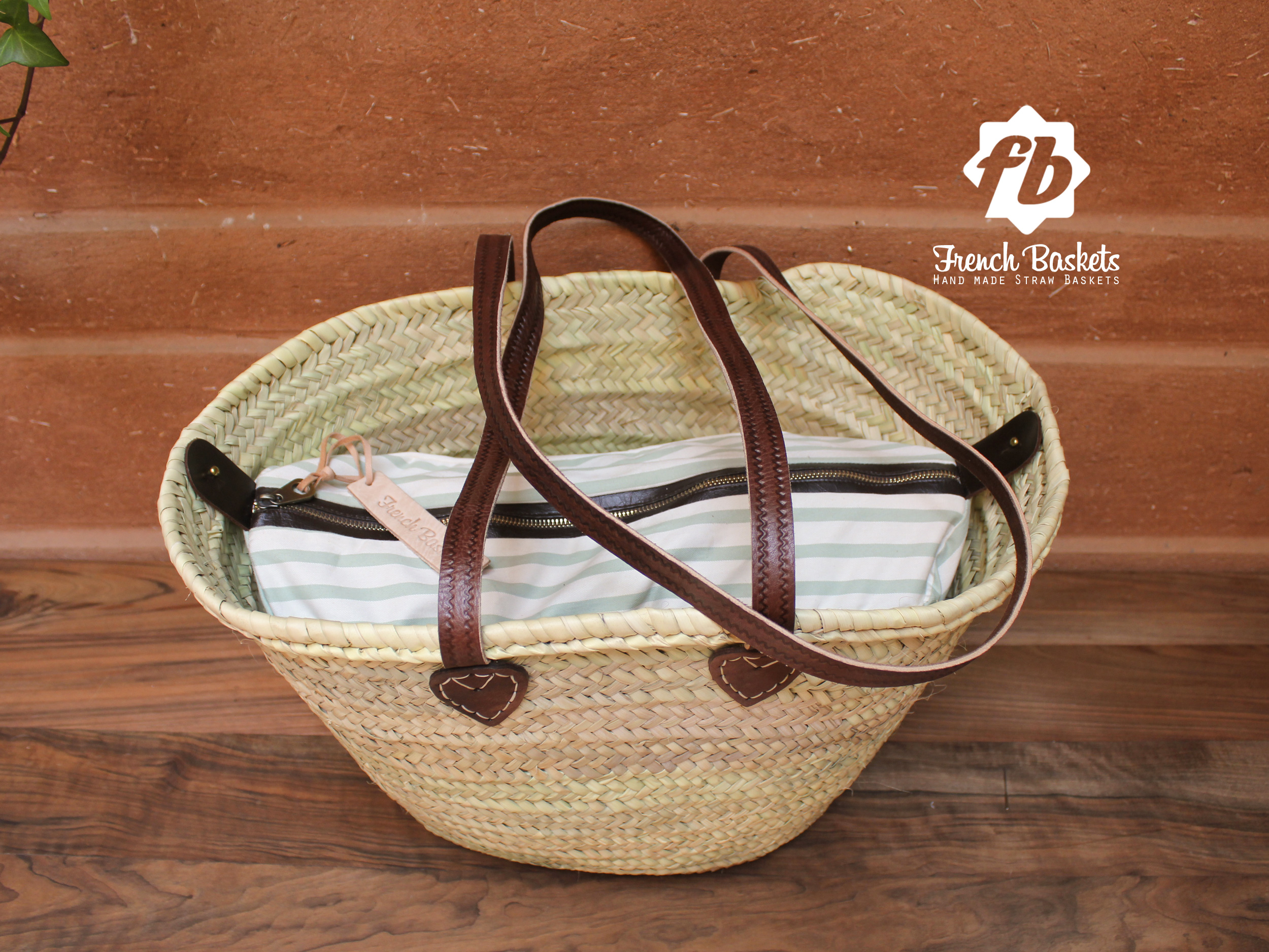 straw bag Handmade French Basket long Flat Leather Handle with Detachable Inside Pocket